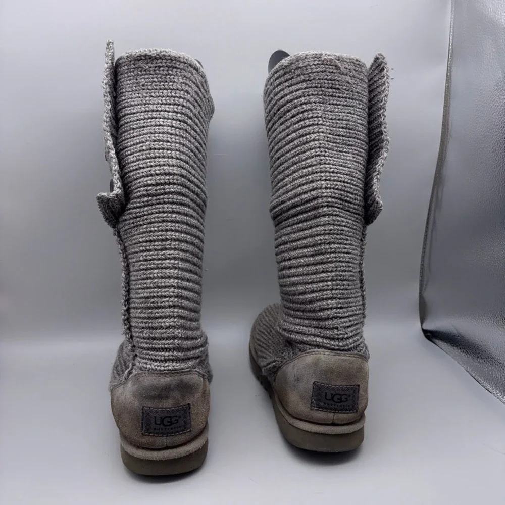 UGG Boots Womens 9 Grey Cardy Tall Knit Button Down 5819 Crochet Winter Casual